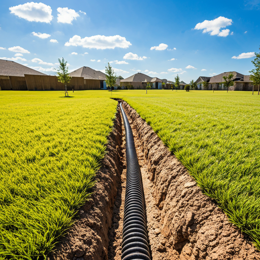 Drainage crew installing a trench drain line in a residential yard