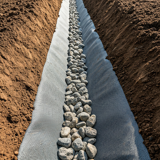 French drain trench lined with fabric and drainage rock