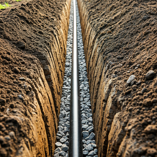 French drain installation trench in clay soil